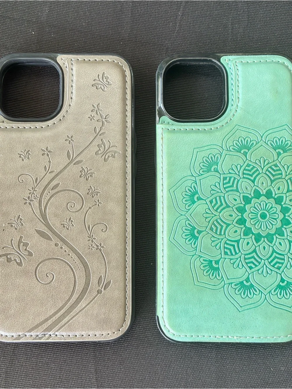 2 iPhone 13 Floral Wallet Phone Case with Card Slots Tan and Mint Floral